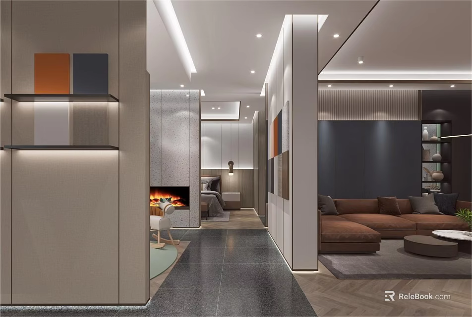 Modern Interior Design Open Living Space With Sofa Fireplace Lighting And Wooden Flooring 3d model 