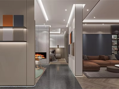 Modern Interior Design Open Living Space With Sofa Fireplace Lighting And Wooden Flooring 3d model