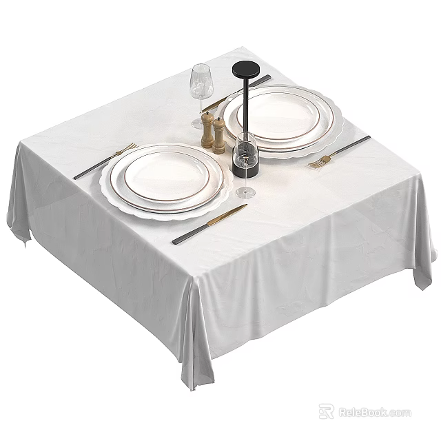 Ceramic Tableware on Dining Table with White Tablecloth Plates Cutlery Wine Glasses and Candle Holder 3d model 