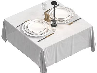 Ceramic Tableware on Dining Table with White Tablecloth Plates Cutlery Wine Glasses and Candle Holder 3d model