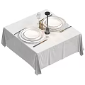 Ceramic Tableware on Dining Table with White Tablecloth Plates Cutlery Wine Glasses and Candle Holder