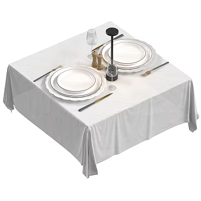 Ceramic Tableware on Dining Table with White Tablecloth Plates Cutlery Wine Glasses and Candle Holder 3d model