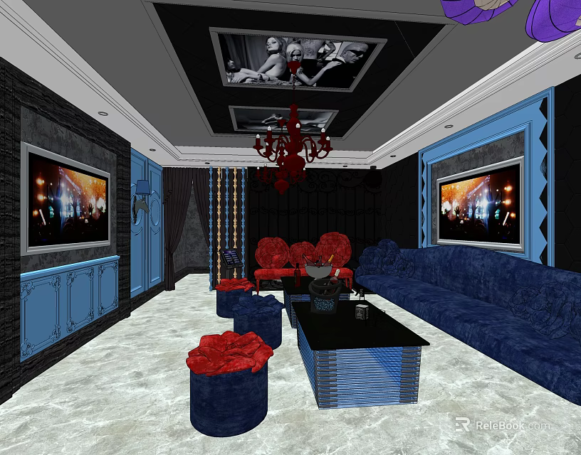 Modern KTV Interior Design With Red Sofas Blue Sofa Chandelier TV Screens And Decorative Paintings 3d model 