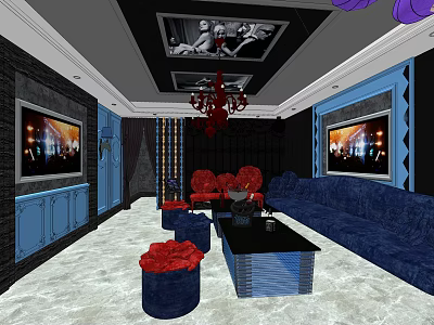Modern KTV Interior Design With Red Sofas Blue Sofa Chandelier TV Screens And Decorative Paintings 3d model