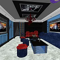 Modern KTV Interior Design With Red Sofas Blue Sofa Chandelier TV Screens And Decorative Paintings