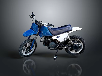 Blue And White Mini Dirt Motorcycle With Blue Seat And Large Off Road Tires 3d model