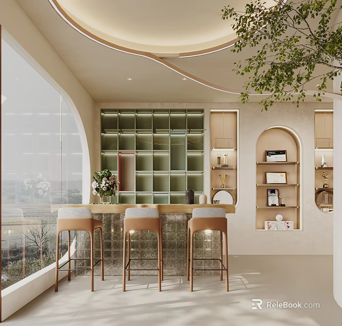 Modern SPA Sauna Interior With Bar Stools Storage And Greenery 3d model 