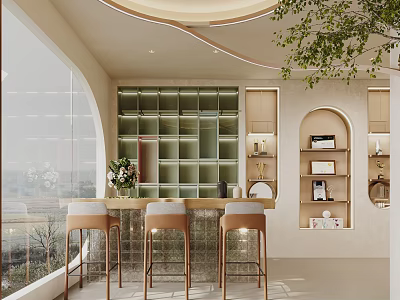 Modern SPA Sauna Interior With Bar Stools Storage And Greenery 3d model