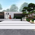 Modern Courtyard Garden Landscape With Lush Trees Green Plants Outdoor Seating Pathway And Round Lights
