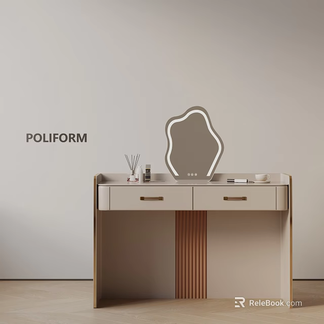 Modern Minimalist Dressing Table with Unique Shaped Mirror and Storage Drawers 3d model