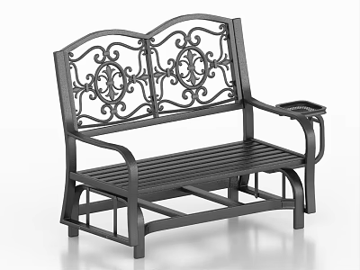 Outdoor Sturdy Black Metal Public Bench With Intricate Scroll Backrest Slatted Seat And Armrests 3d model
