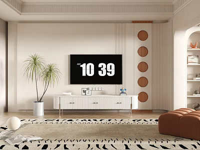Modern TV Wall Design with Circular Panels White Cabinet and Potted Plant 3d model