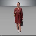 Woman In Red Dress Carrying Bag Walking On Gray Background With White Shoes