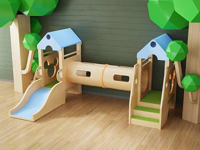 Wooden Indoor Playground Equipment With Slide Tunnel House Shaped Roof And Green Leaf Elements 3d model