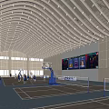 Modern Indoor Basketball Court With Players Practicing And Large Digital Scoreboard