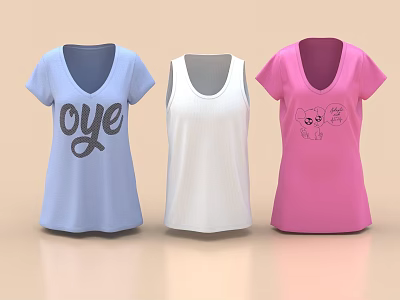 Casual T Shirts with Blue Oye Print White Sleeveless and Pink Cartoon Text Graphics 3d model