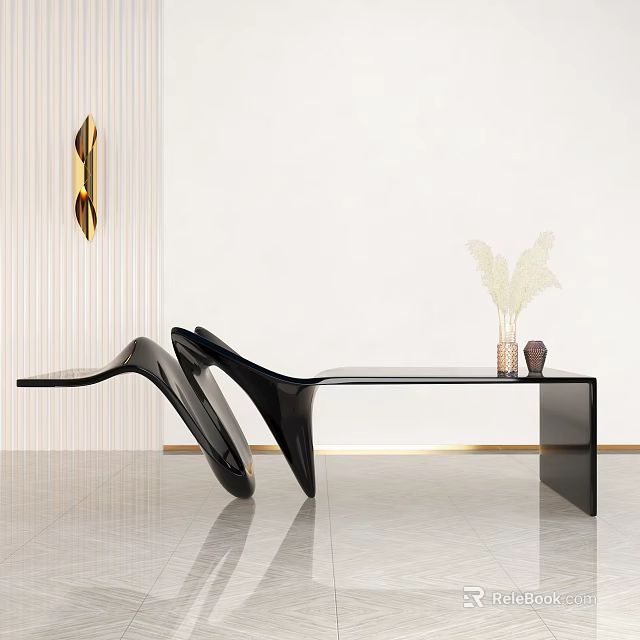 Modern Interior With Black Furniture Gold Wall Art And Plant Vase 3d model 