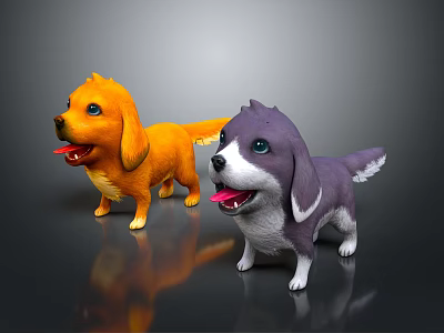 Colorful Cartoon Dog Toy Figures Yellow And Purple 3D Models Standing On Black Background 3d model