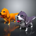 Colorful Cartoon Dog Toy Figures Yellow And Purple 3D Models Standing On Black Background