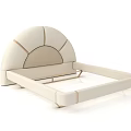 Beige Double Bed With Curved Headboard Gold Accents And Modern Mesh Design