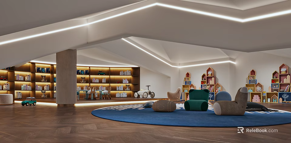 Spacious Kids Playroom With Bookshelves Toys And Seating 3d model 