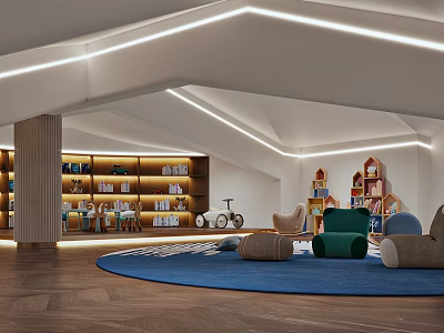 Spacious Kids Playroom With Bookshelves Toys And Seating 3d model
