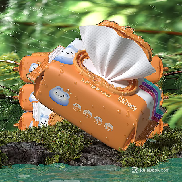 Wet Wipes With Orange Packaging Cartoon Patterns And Water Drop Designs On Green Background 3d model 