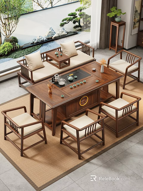 Traditional Chinese Tea Room with Wooden Table Chairs and Serene Interior Design 3d model 