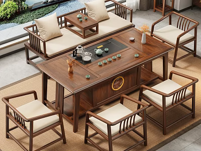Traditional Chinese Tea Room with Wooden Table Chairs and Serene Interior Design 3d model