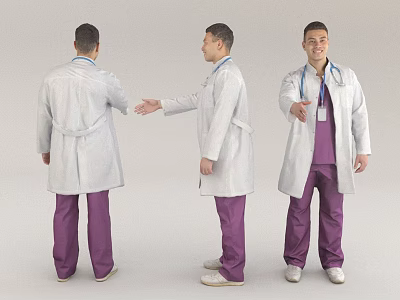 Male Doctor In White Coat And Purple Pants With Stethoscope And ID Badge 3d model
