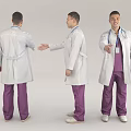 Male Doctor In White Coat And Purple Pants With Stethoscope And ID Badge