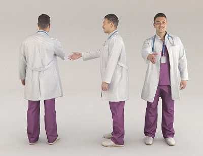Male Doctor In White Coat And Purple Pants With Stethoscope And ID Badge 3d model