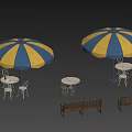 Garden Decor With Blue Yellow Striped Umbrellas Benches Tables Chairs And Street Lamps