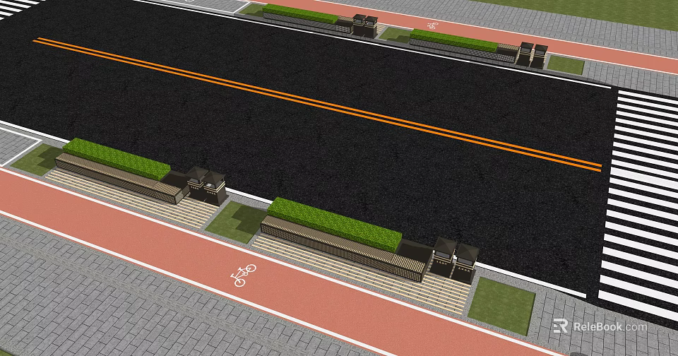 Well Designed Municipal Road With Double Yellow Lines Bike Lane Green Belt And Sidewalk 3d model 