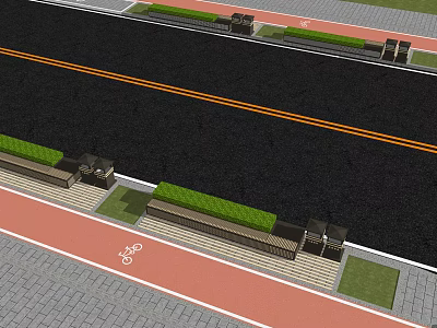 Well Designed Municipal Road With Double Yellow Lines Bike Lane Green Belt And Sidewalk 3d model