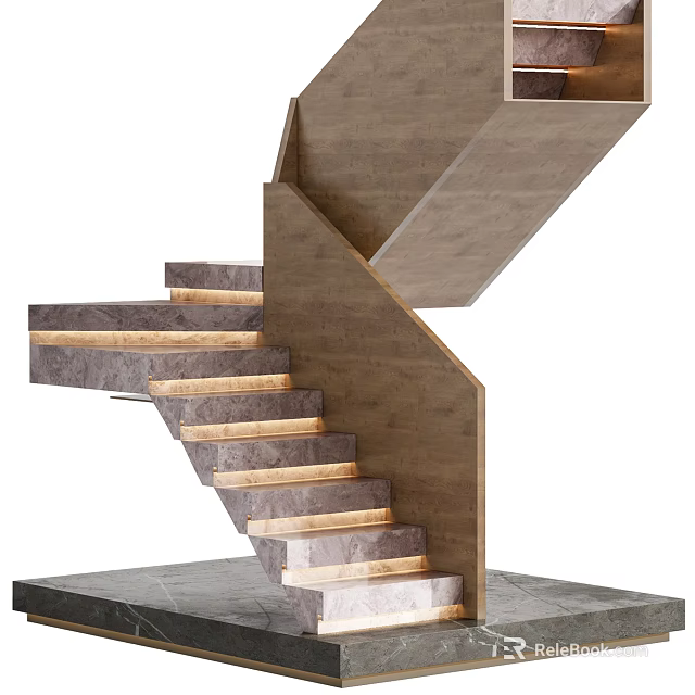 Modern Staircase Design With Wooden Treads Metal Frame And LED Lighting 3d model 