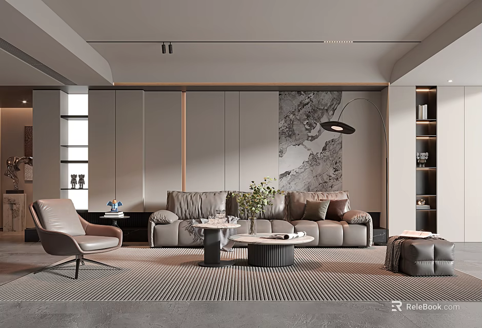 Modern Minimalist Living Room Interior With Gray Sofa Armchair Coffee Tables And Decorative Painting 3d model 