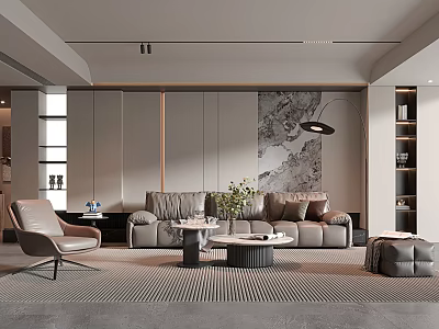Modern Minimalist Living Room Interior With Gray Sofa Armchair Coffee Tables And Decorative Painting 3d model
