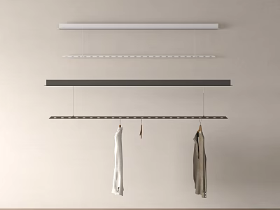 Hanging Clothes Racks Mounted on Wall With White And Gray Clothes And Small Decorative Item 3d model