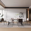 Modern Restaurant Interior With Dining Table Chairs Rug Window Plants And Wall Artwork
