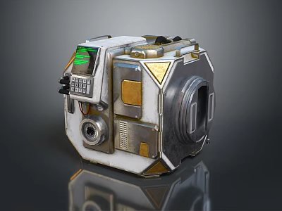 Futuristic Mechanical Device Featuring Metallic Surface Green Display Gold Accents And Circular Components 3d model