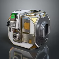 Futuristic Mechanical Device Featuring Metallic Surface Green Display Gold Accents And Circular Components