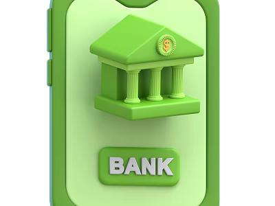 Green Mobile Phone Displaying Bank Building Icon With Dollar Sign And BANK Button 3d model