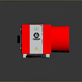 Red Cased Electronic Appliance With Black Fan Blades Power Cord And Safety Labels