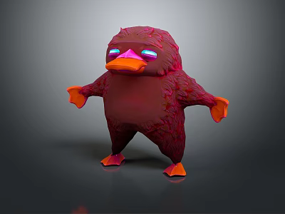 Furry Red Creature Character With Orange Beak And Glowing Eyes Standing Pose 3d model