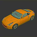 Orange Polygonal Sports Car With Black Wheels And Blue Windows On Reflective Surface