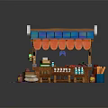 Wooden Market Stall Featuring Blue Orange Awning With Bread Drink Bottles And Colorful Items