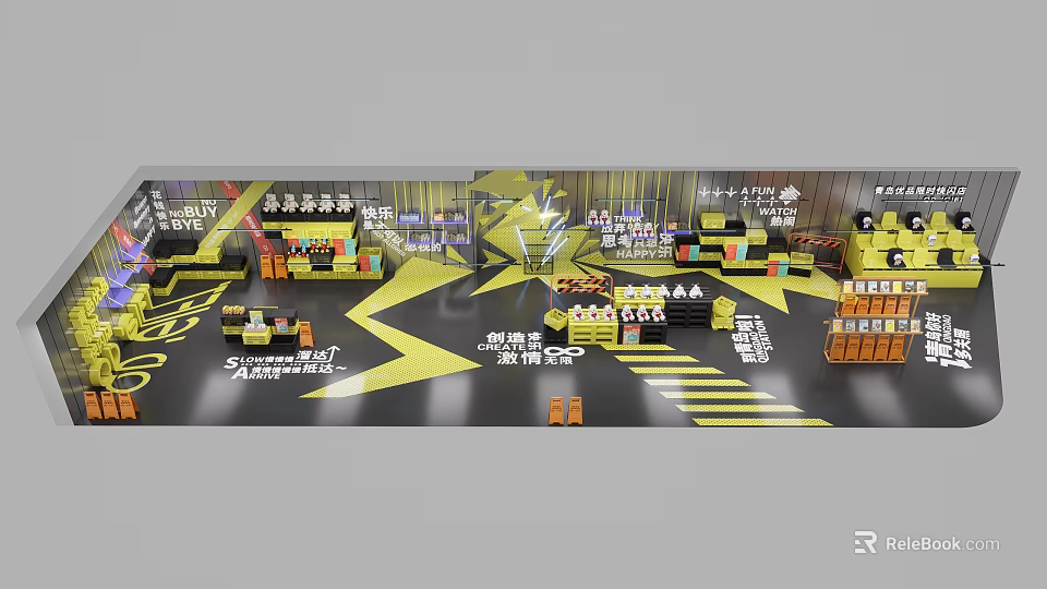 Modern Mall Supermarket Store Design With Yellow Black Display Shelves And Product Racks 3d model 