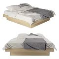 Modern Double Bed with Wooden Frame White Sheets and Gray Blanket 3d model
