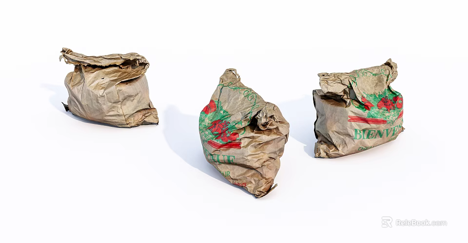 Three Crumpled Paper Bags With Red Green Patterns For Household Use 3d model 